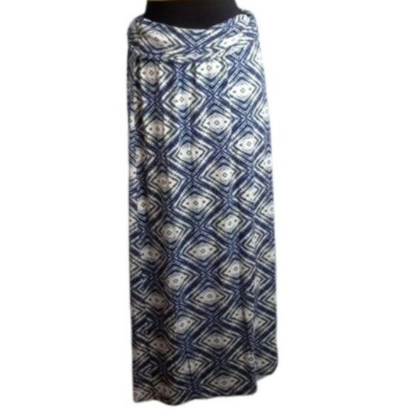 Olive & Oak L Maxi Skirt Womens Blue White Geometric Print Lightweight Stretchy - Picture 1 of 10